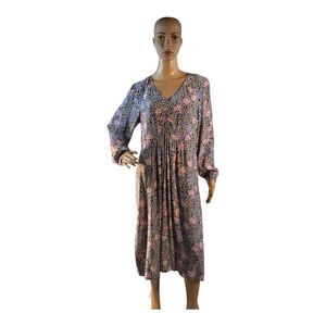 Loft Floral Ruched Midi Dress V-Neck Long Sleeves Women's Size 8P